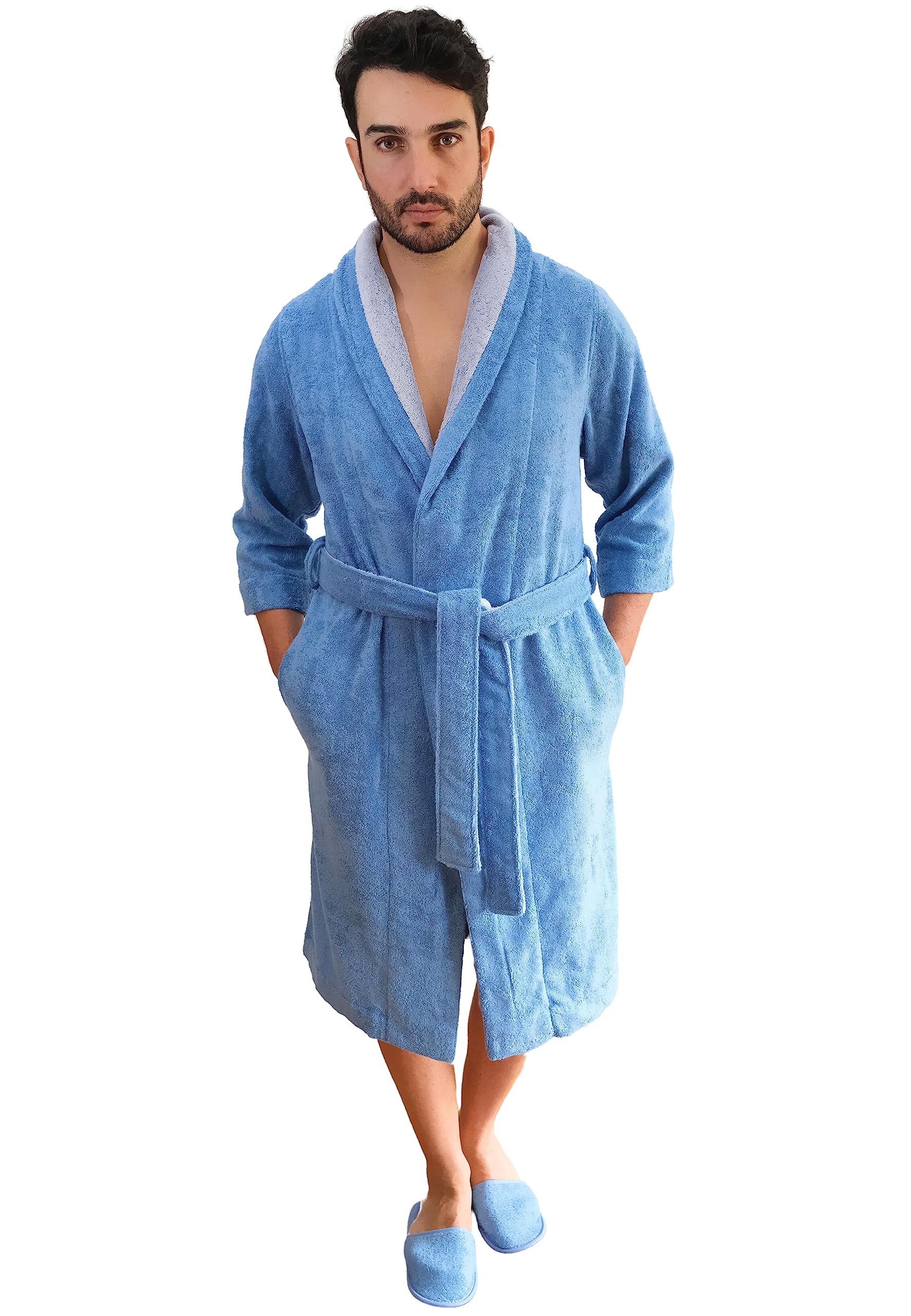 Premium Men's Bathrobe & Slippers Set with Towel - 5 Piece Luxury Spa Gift Set in Medium Blue Grey - Perfect for Home Relaxation, Hotel & Spa Use
