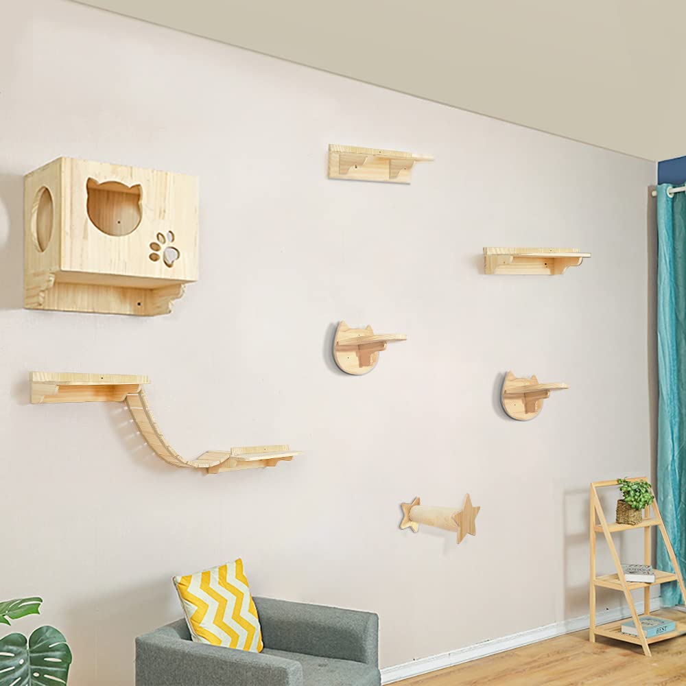 La La Pet® Wall Mounted Cat Furniture Set of 9 - Wooden Cat Shelves, Perches, Steps Ladder, Bed & Climbing Structure - Modern Cat Lounger & Activity Tree for Indoor Cats - Perfect for Small Spaces & Multi-Cat Homes