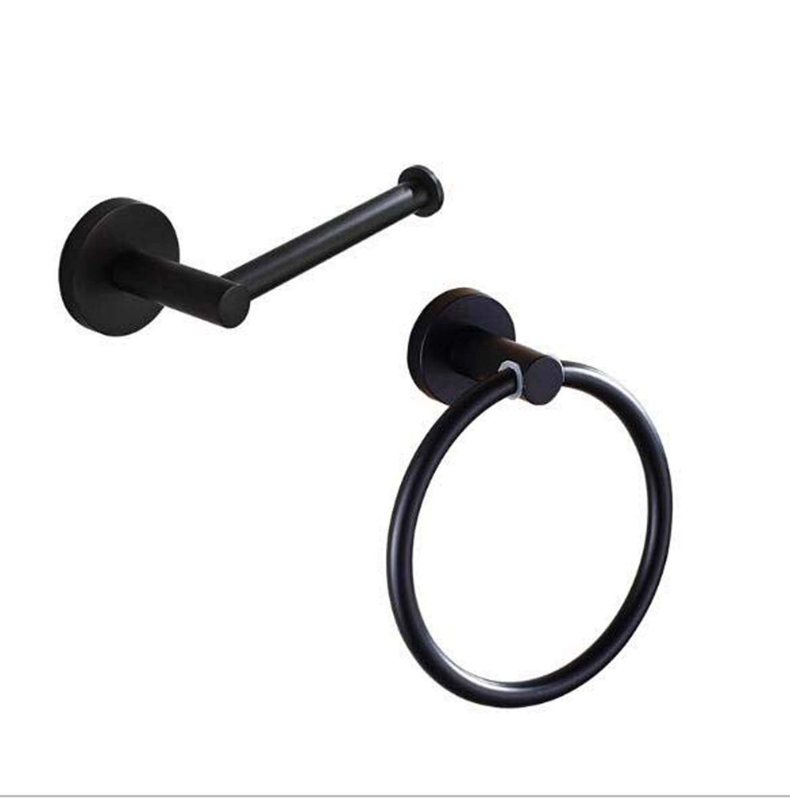 2-Pack Stainless Steel Wall Mounted Toilet Paper Holder & Towel Ring Set - Matte Black Bathroom Hardware for Home, Hotel & School Use - Perfect for Small Spaces & Modern Bathroom Decor