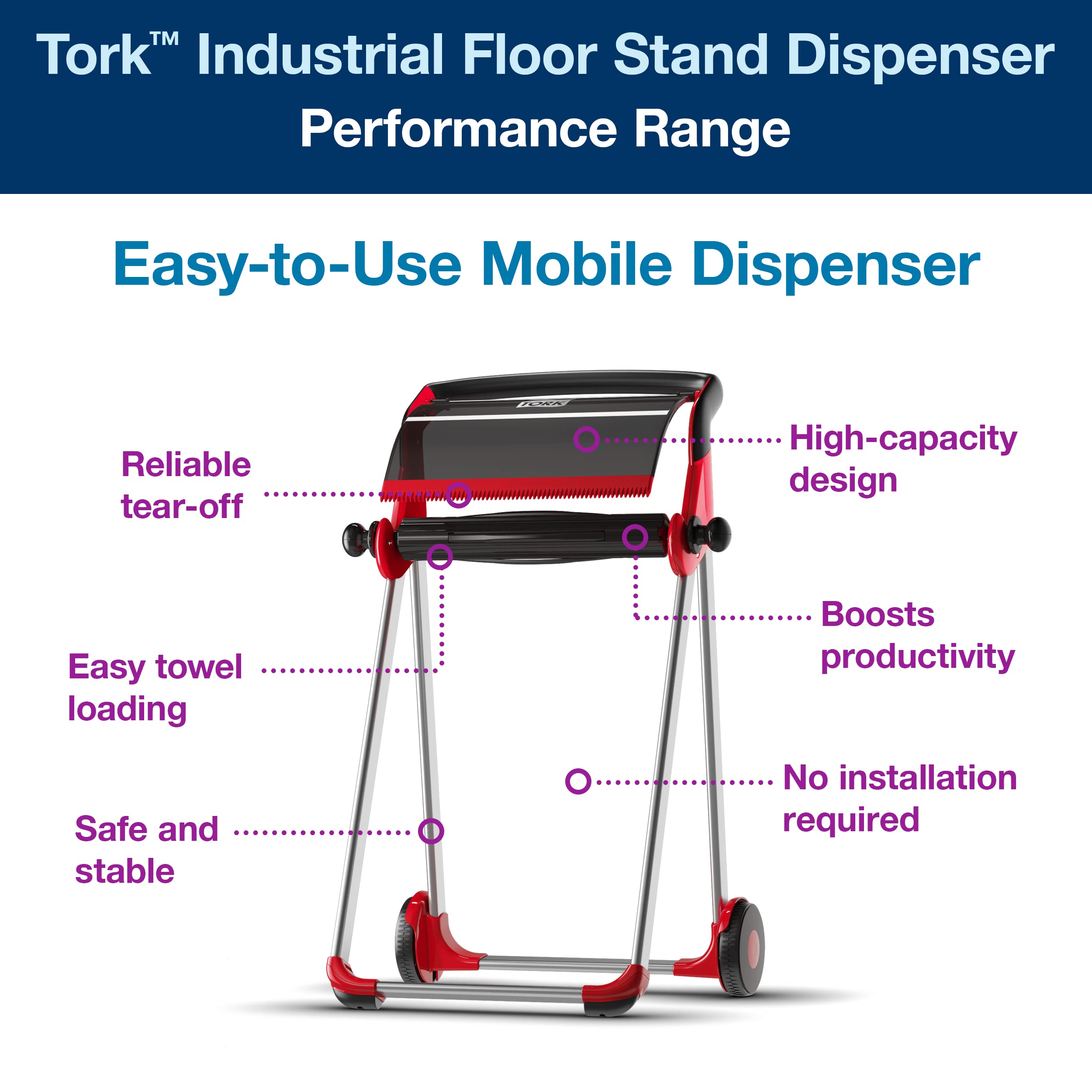 Tork Industrial Floor Stand Paper Towel Roll Dispenser - Heavy Duty Commercial Red Dispenser with 1 Refill Roll (800 Sheets) - Ideal for Restaurants, Hospitals, and Office Cleaning