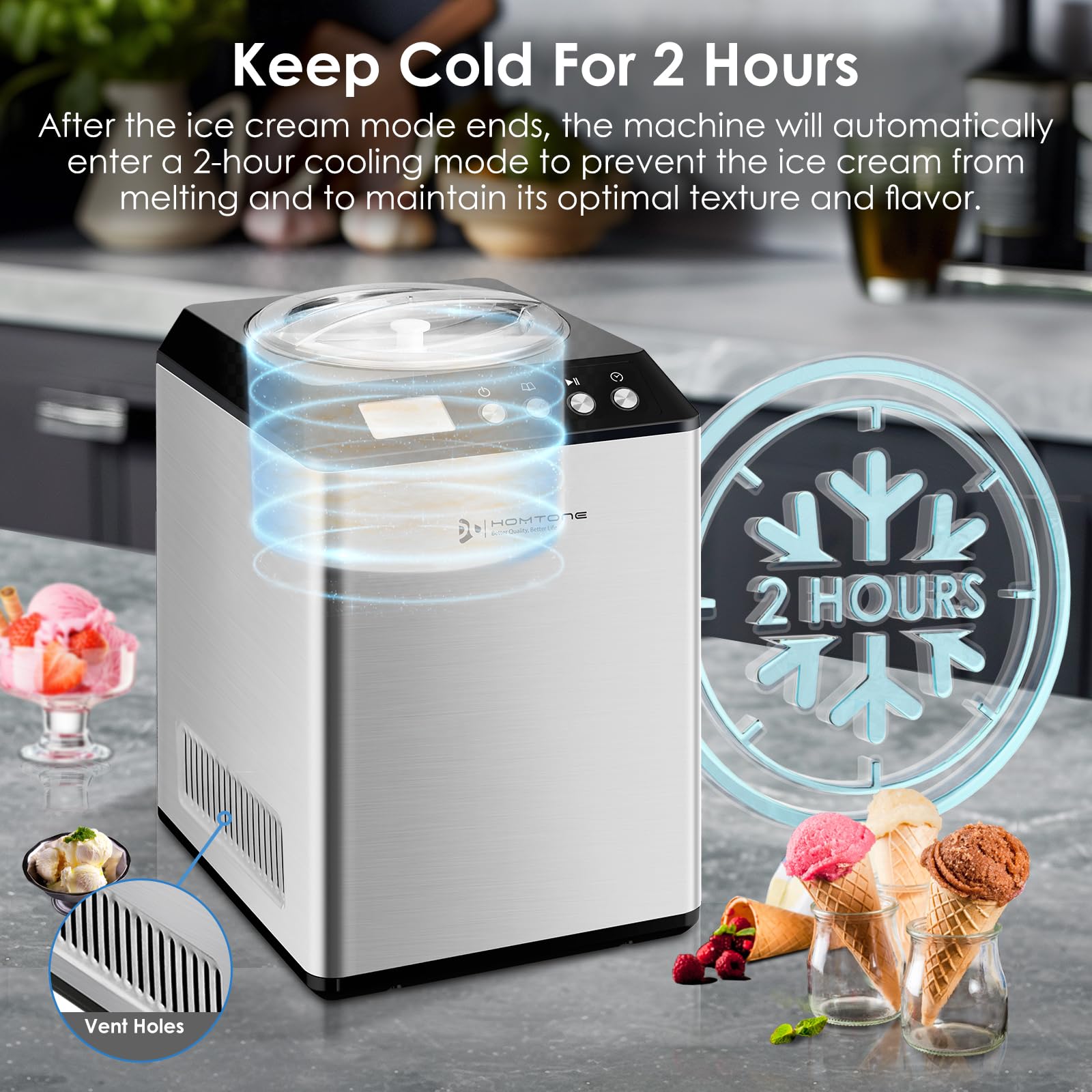 Homtone 2.64 Quart Automatic Ice Cream Maker with Compressor - No Pre-Freezing Required, 3 Modes for Gelato & Ice Cream, LCD Digital Display, 2H Keep Cool, Stainless Steel - Perfect for Home Kitchen, Parties, and Dessert Shops