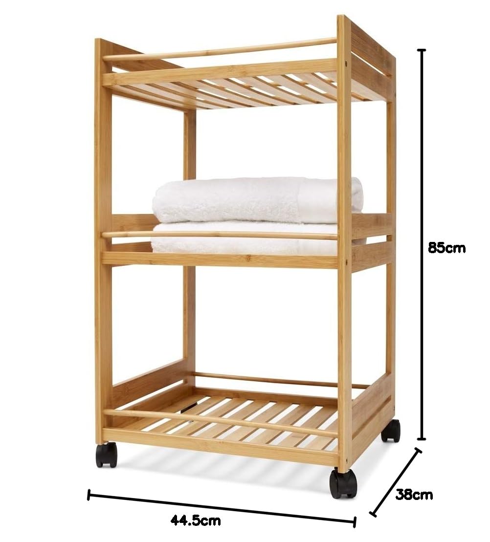 Anko 3-Tier Bamboo Rolling Cart with Wheels - Multi-Purpose Storage Organizer for Bathroom, Kitchen, Laundry & Office - Space-Saving Linen Shelf & Mobile Storage Solution