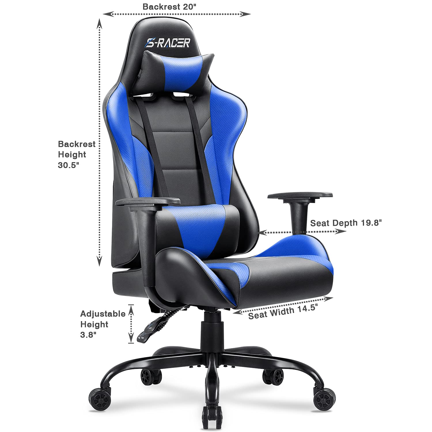 Homall High Back Gaming Office Chair - Ergonomic PU Leather Computer Desk Chair with Adjustable Height, Swivel & Headrest - Perfect for Gaming, Work & Home Office (Blue)