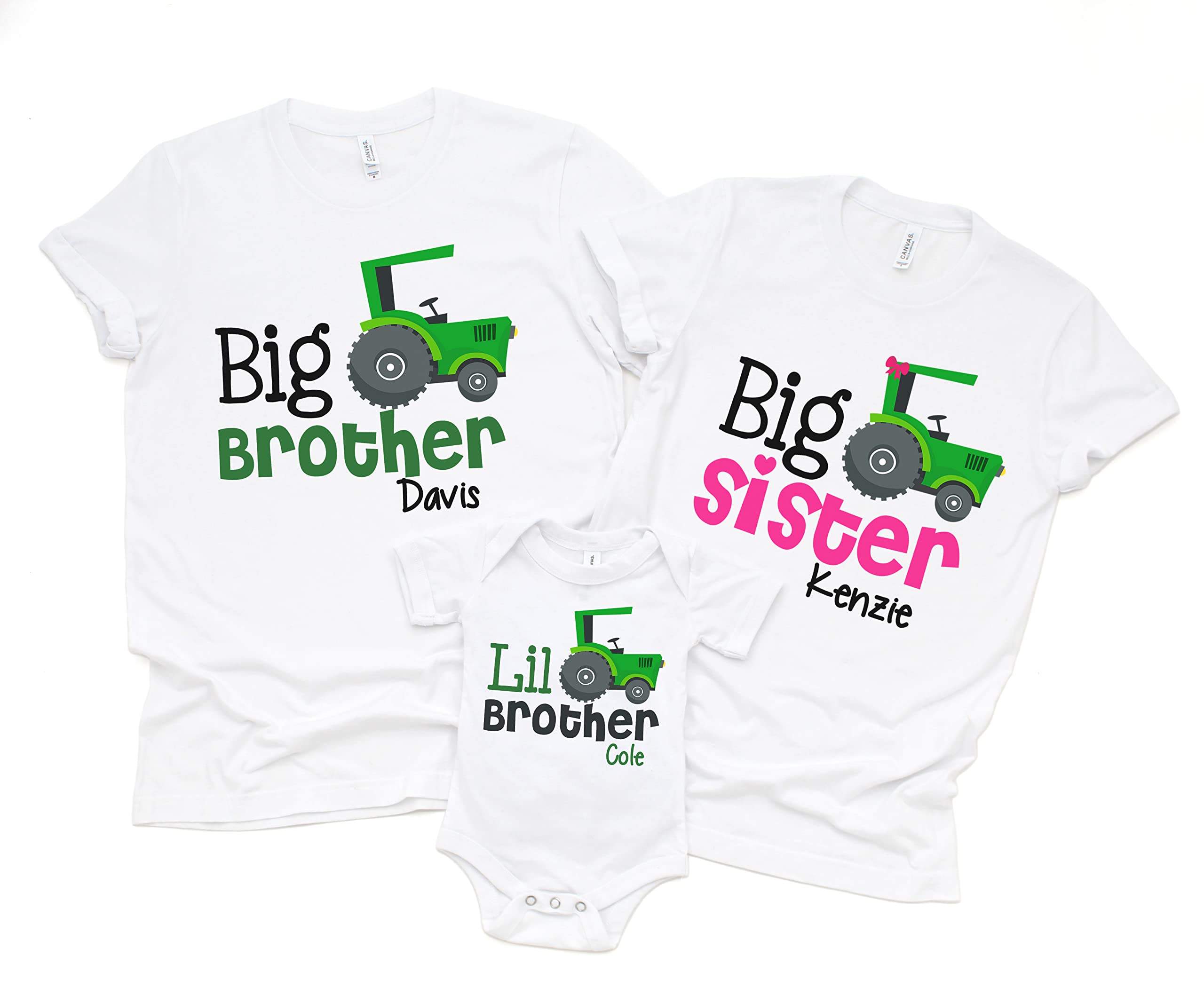 Personalized Biggest Brother Big Sister Little Brother Matching Shirt Set - 3 Pack Green Tractor T-Shirts for Boys | Family Sibling Outfits for Special Occasions & Photo Shoots