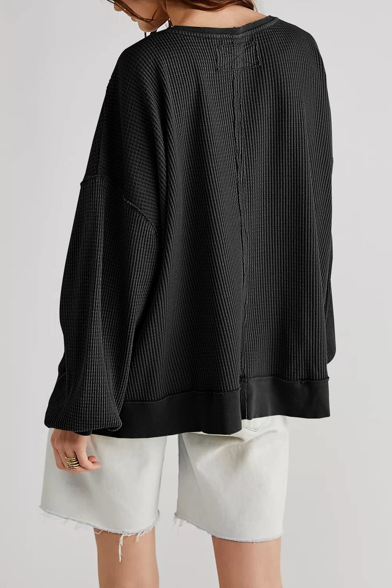 Hotmiss Women's Oversized Waffle Knit Long Sleeve Pullover Sweatshirt - Casual Drop Shoulder Lightweight Top for Fall & Winter | Cozy Lounge Wear, Street Style, Coffee Dates