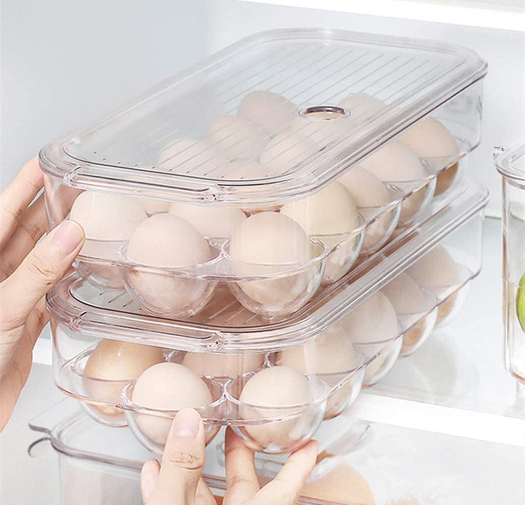 Stackable Refrigerator Egg Holder Tray with Lids - SANNO Produce Saver Bins for Organizing Eggs, Fruits & Vegetables | Perfect for Kitchen Storage & Fridge Organization