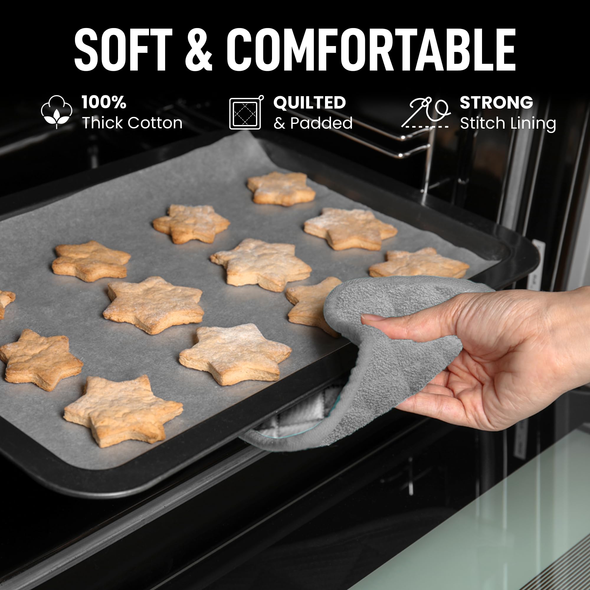 Zulay Heat Resistant Cotton Pot Holders - 7x7 Inch Quilted Terry Cloth Kitchen Potholder Set (Gray) - Washable & Durable for Cooking, Baking, Grilling - Perfect for Stovetop, Oven & BBQ Use