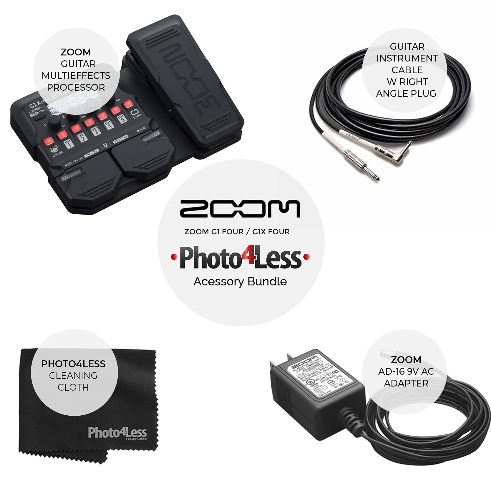 Zoom G1X Four Guitar Effects Processor with Expression Pedal, AD-16 9V Adapter, Right Angle Guitar Cable & Cleaning Cloth - Complete Guitar Pedal Bundle for Live Performances & Studio Recording