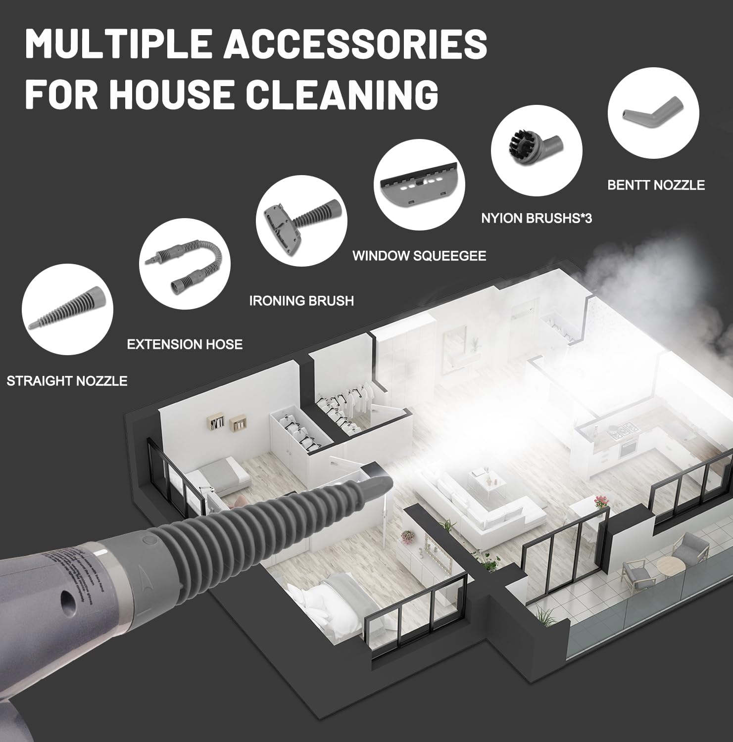 Handheld Steam Cleaner with 13 Accessories - Multi-Surface Pressurized Steam Shot for Floors, Upholstery, Grout, Windows & Cars | Safety Lock & Grey Design | Perfect for Home Deep Cleaning, Car Detailing & Sanitizing