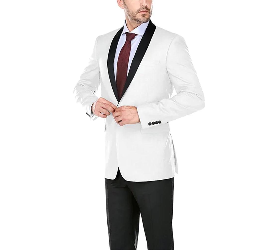 Slim Fit White Dinner Jacket with Black Shawl Lapel - Elegant Mens Formal Wear for Weddings, Prom & Black Tie Events