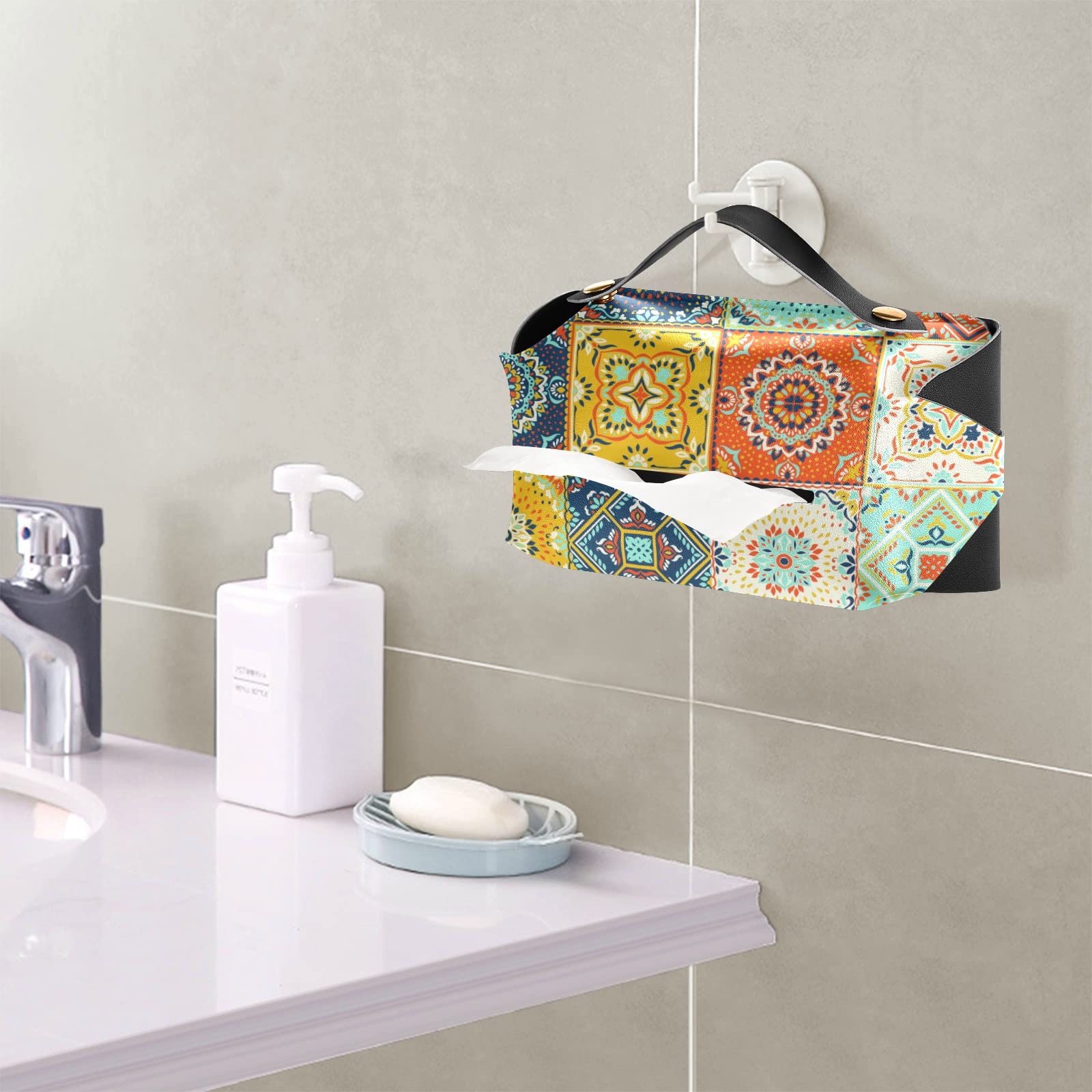 Handcrafted Talavera Indian Ceramic Mosaic Tile Leather Tissue Box Cover - 9.4x5.1x3.6 Inches - Ethnic Rectangle Design with Handle for Bathroom, Home, Office & Car | Perfect for Nightstands, Vanity Countertops & Desks
