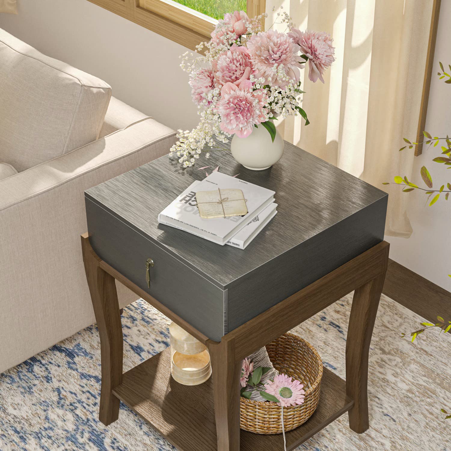 SUNBUEY Classic Wood Nightstand with Drawer & Open Shelf - MDF Bedside End Table, Dark Gray/Rustic Brown - Perfect for Bedroom, Living Room, Office & Guest Room Storage Solutions