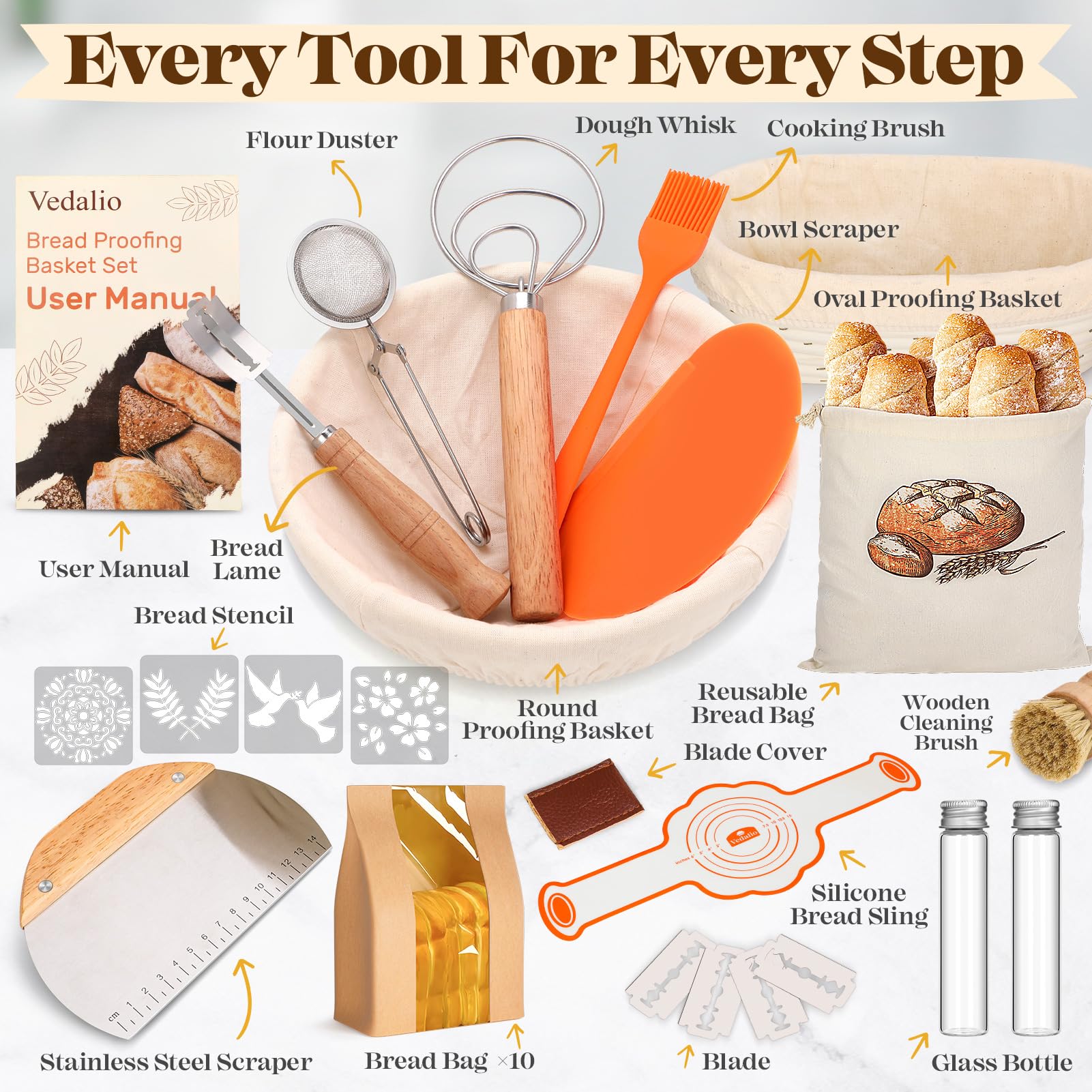 Premium Sourdough Bread Baking Kit - Includes Starter Kit, Proofing Basket, Bread Lame, Dough Whisk & Scraper - Complete Sourdough Tools Set for Artisan Homemade Bread Baking - Perfect for Beginners & Bakers
