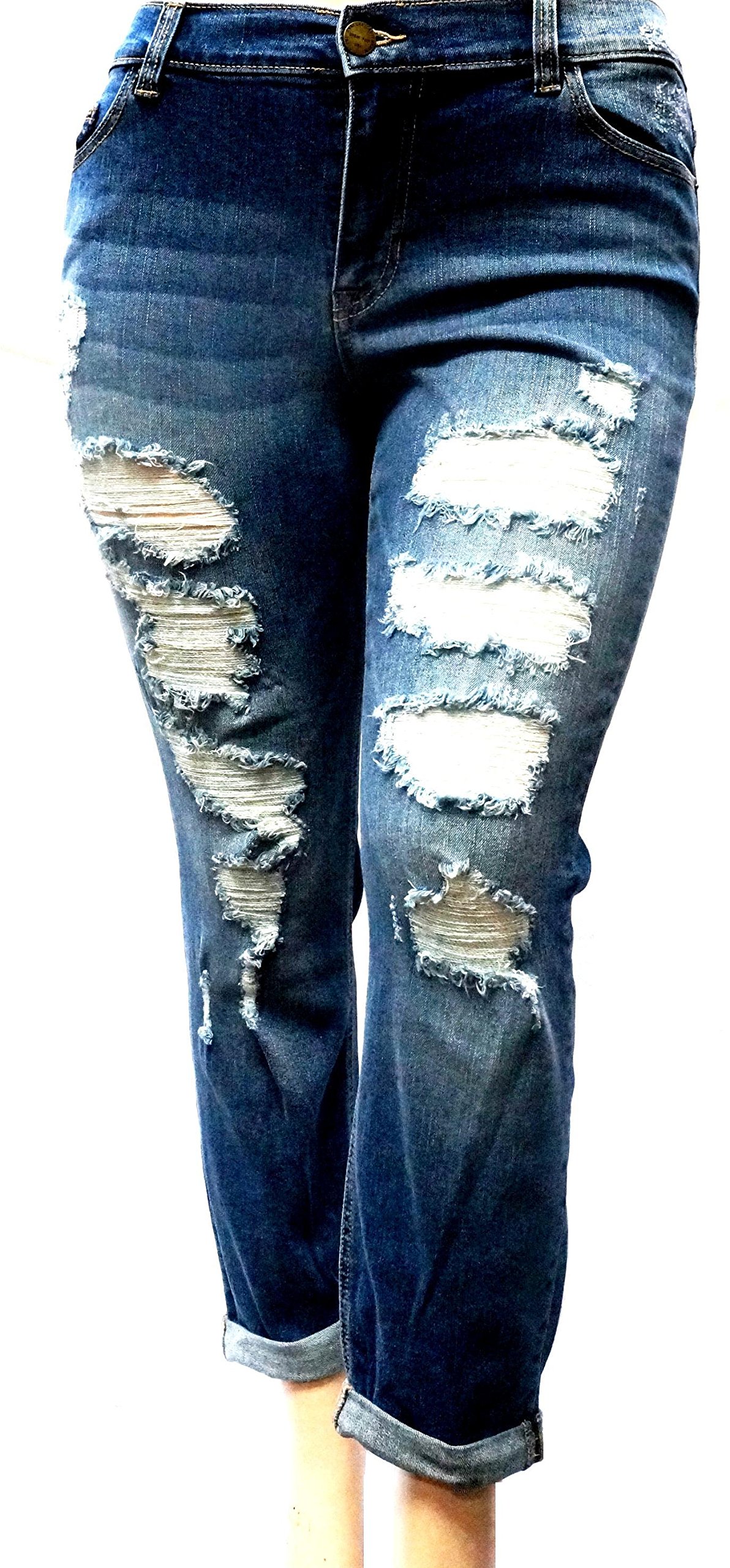 Jack David Women's Plus Size Ankle Skinny Jeans - Ripped Distressed Stretch Denim Pants for Casual Wear & Everyday Outfits