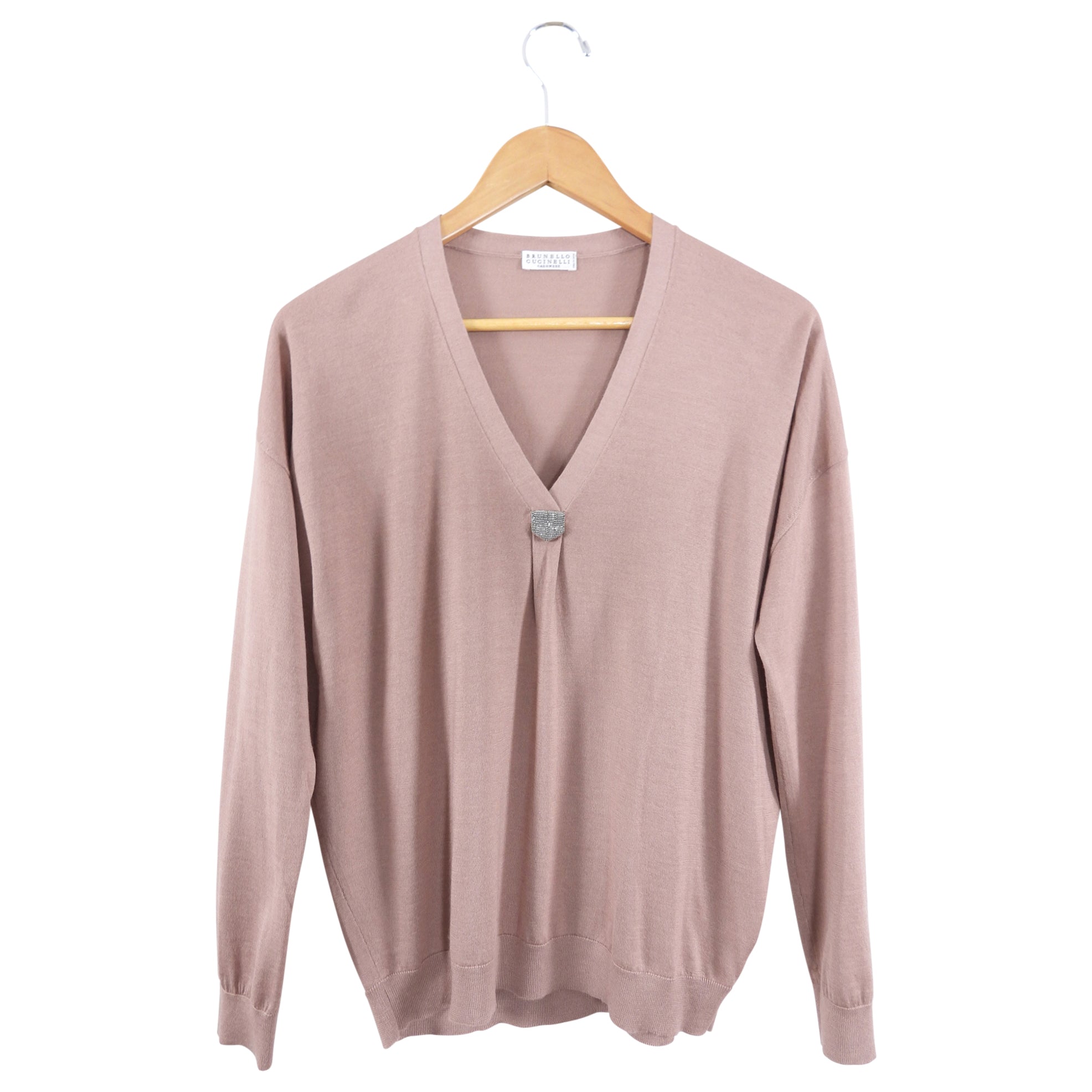 Brunello Cucinelli Women's Quartz Pink Cashmere V-Neck Knit Top with Monili Detailing - Luxurious Soft Sweater for Work, Date Night & Special Occasions