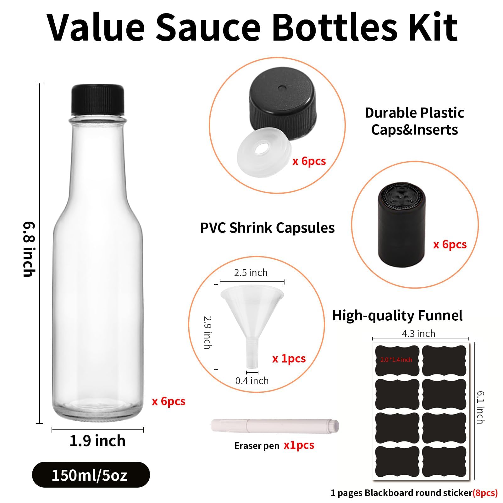 5oz Clear Glass Woozy Bottles with Black Shrink Capsules - Empty Small Beverage Canning Jars for Homemade Syrups, Cocktails & Party Drinks (Pack of 6) - Perfect for DIY Kitchen Projects, Home Brewing & Entertaining