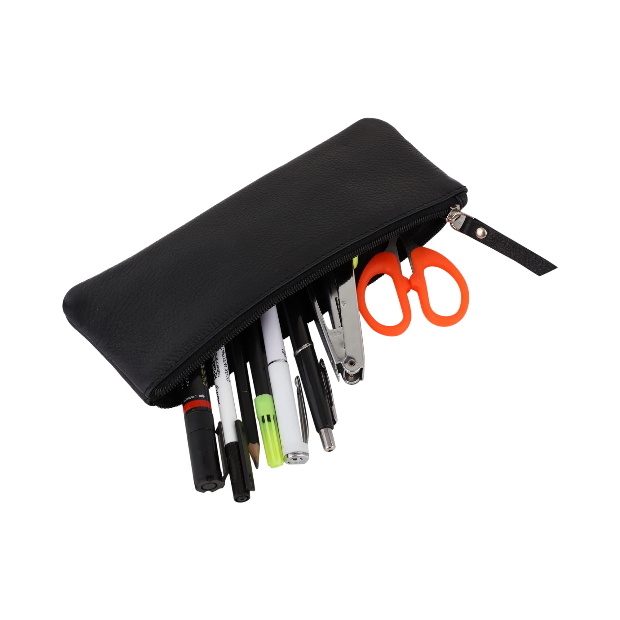 Genuine Leather Pouch & Pencil Case - Multi-Functional Travel Organizer for Men & Women | Makeup & Cosmetic Bag (Black)