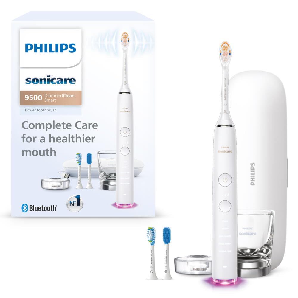 Philips Sonicare DiamondClean Smart 9500 Electric Toothbrush - Sonic Toothbrush with Bluetooth App, Pressure Sensor & Brush Head Detection | 5 Modes & 3 Intensity Levels | White (HX9923/01) | Perfect for Travel & Daily Oral Care
