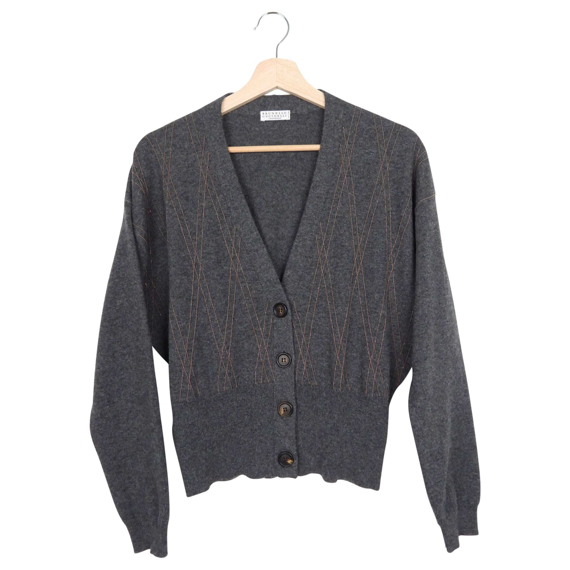 Brunello Cucinelli Heather Grey Cashmere Knit Monili Bead Argyle Cardigan Sweater for Women - Soft Luxury Cashmere Pullover for Office, Dinner & Winter Outfits (Size M)