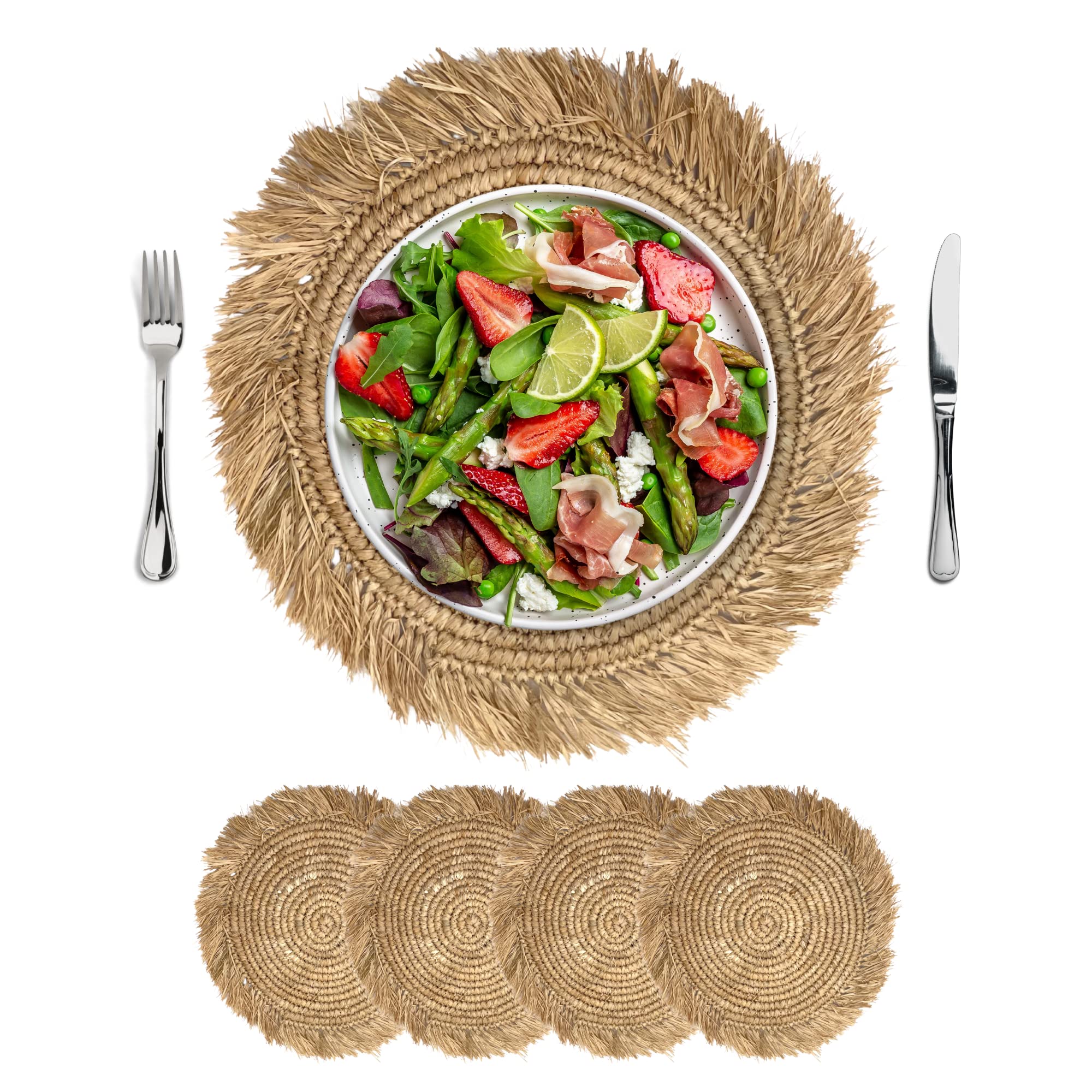 12 Inch Round Handmade Woven Placemats Set of 4 - Boho Farmhouse Table Mats, Natural Rattan Wicker Chargers for Dining Table Decor - Perfect for Rustic Weddings, Dinner Parties & Home Decor