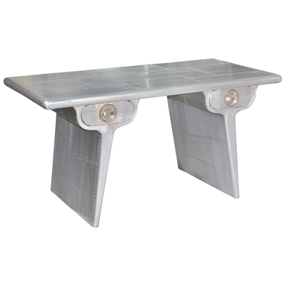 Moti Pilot Solid Wood Aluminum Clad 2-Drawer Writing Desk in Silver - Modern Home Office Desk for Small Spaces & Study Rooms