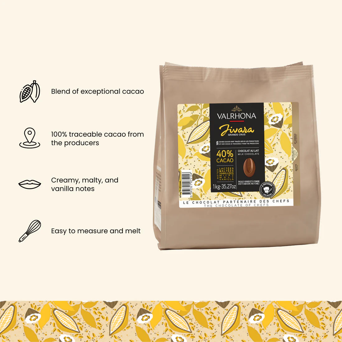 Valrhona Jivara 40% Milk Chocolate Feves for Baking (1kg Bulk) - Perfect for Pastries, Desserts & Professional Chefs