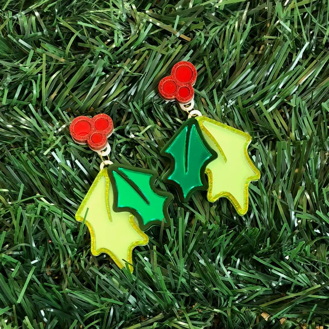 Festive Christmas Holly Acrylic Statement Earrings for Women - Holiday Party Jewelry Gift for Christmas, New Year & Winter Celebrations