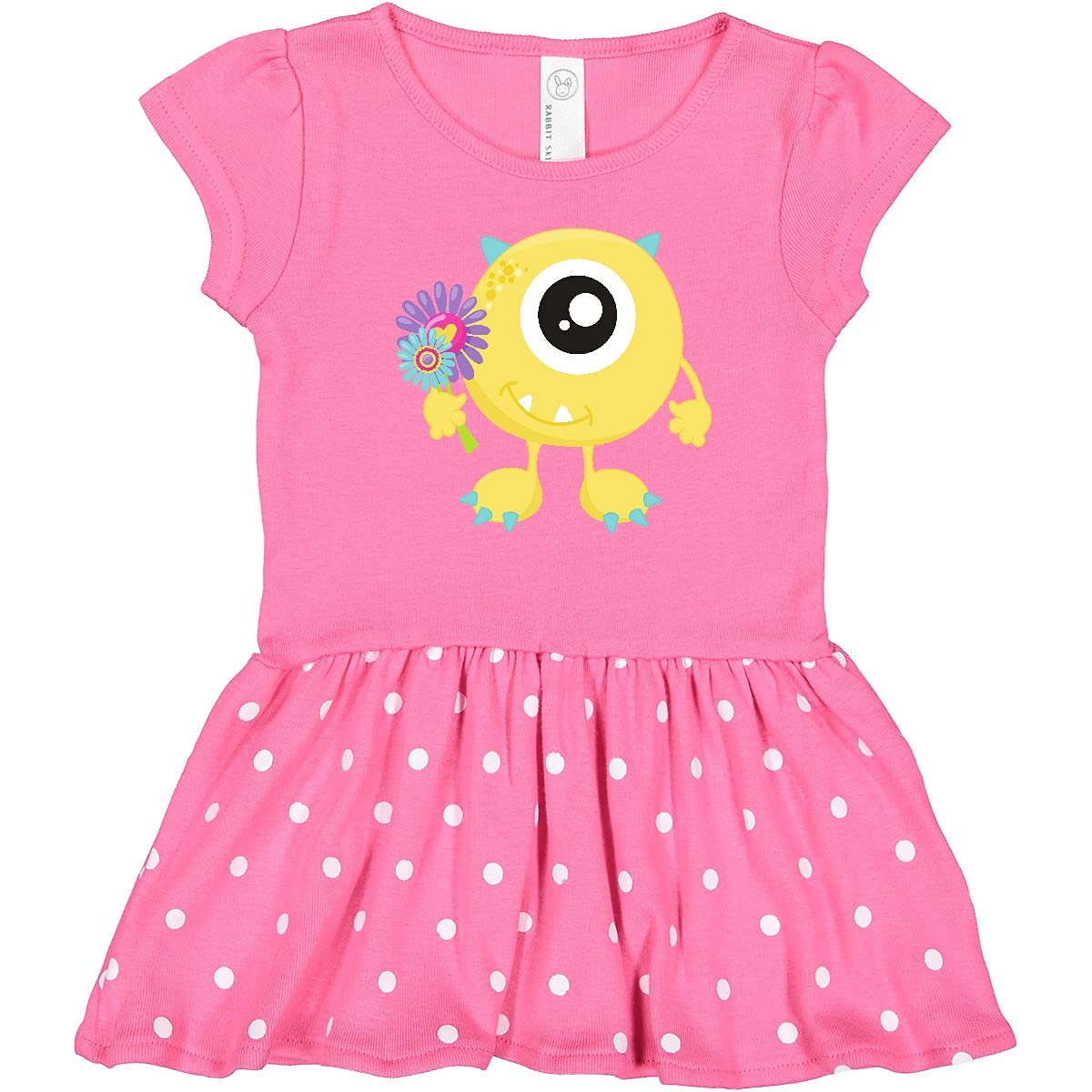 Inktastic Spring Monster Toddler Dress - Yellow Monster with Flowers & Horns | Cute Baby Girl Outfit for Easter, Birthday & Spring Photoshoots