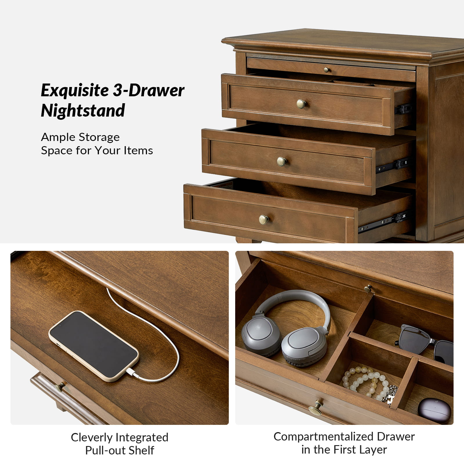 Galatea 3-Drawer Nightstand with USB Charging Ports & Power Outlets - Modern Bedside Table with Storage for Bedroom, Living Room or Office