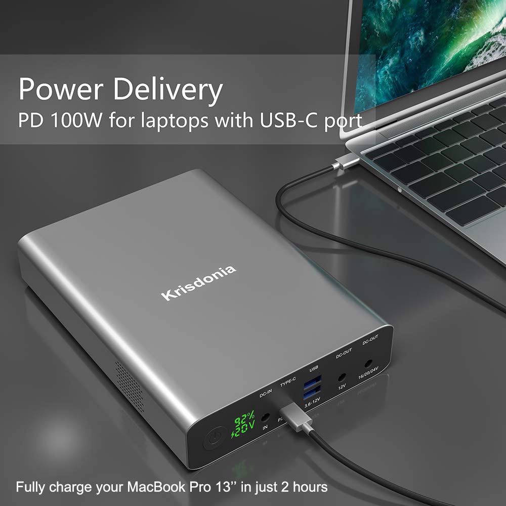 Krisdonia 64000mAh 100W PD Portable Laptop Charger Power Bank - Fast Charging for MacBook Pro, Dell XPS, USB-C Laptops - Perfect for Travel, Camping & Emergency Power Backup