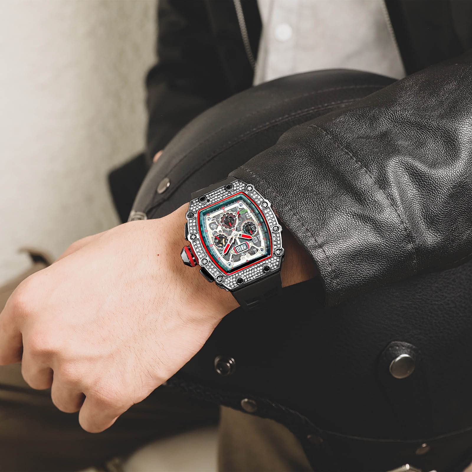 FANMIS Men's Punk Diamond Chronograph Watch - Fashionable Silicone Band Sports Wristwatch for Casual & Party Wear - Perfect for Everyday Use, Gifts, and Special Occasions
