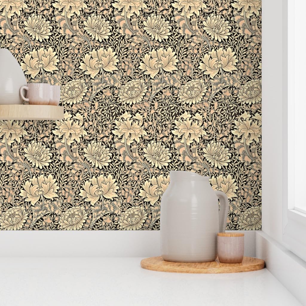 Peel & Stick Wallpaper 9ft x 2ft - Wood Brown Floral Beige Daisy Nouveau Chrysanthemum Pattern | Removable Self-Adhesive Wallpaper for Bedroom, Living Room & Nursery Decor | Easy DIY Home Improvement