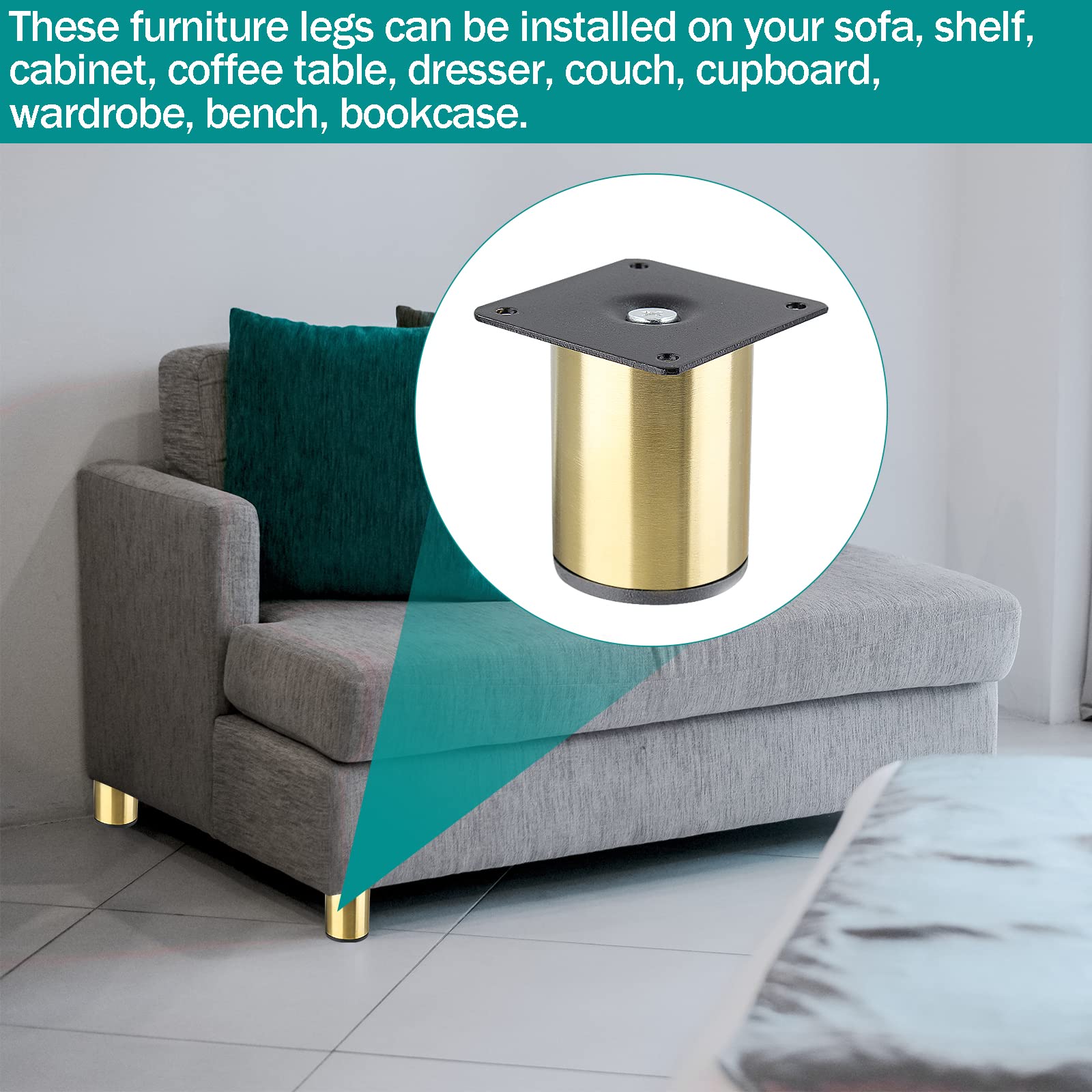 4-Pack Stainless Steel Furniture Legs 3 Inch (80mm) - Gold Cabinet Feet for Sofa, Vanity Desk, Dresser, Shelf, Futon, Coffee Table & Nightstand | Durable Replacement Couch Legs & Ottoman Supports for Home & Office Furniture