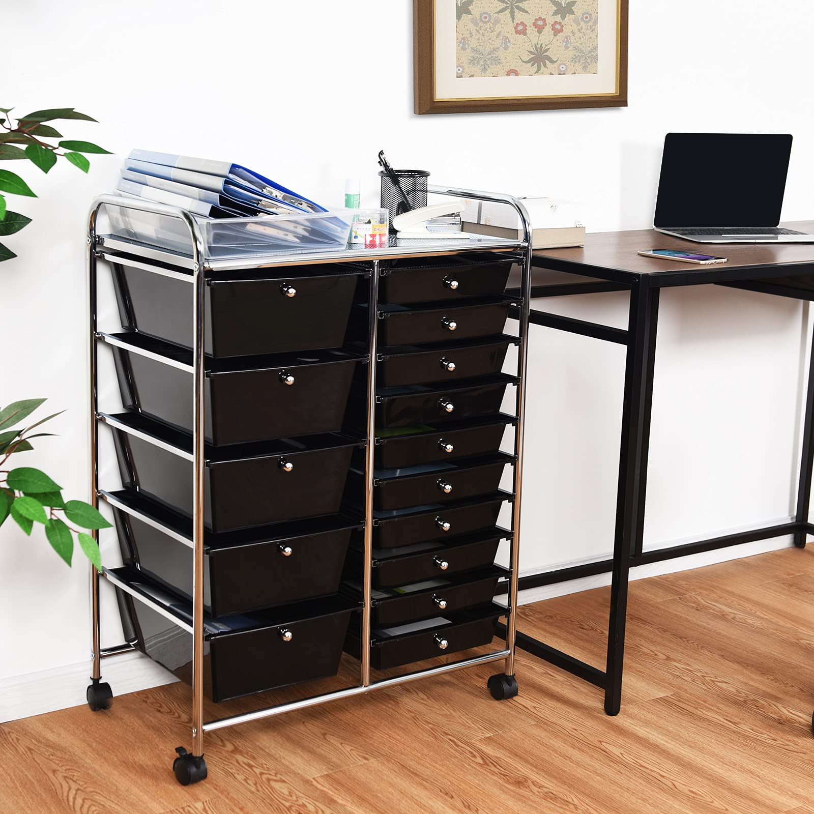 BETTARY 15 Drawer Rolling Cart with Removable Drawers & 4 Universal Wheels - Multipurpose Lightweight Tool Organizer for Scrapbook Paper, Office Supplies, Crafts - Perfect for Supermarket, School, Office & Home Organization (Black) | Space-Saving Storage Solution for Small Rooms & Workstations