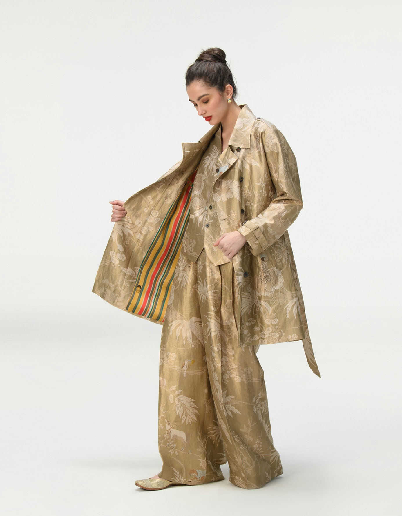 Elegant Trench Coat in Silk Brocade - Oyster Grey Color | Perfect for Formal Events, Weddings & Office Wear