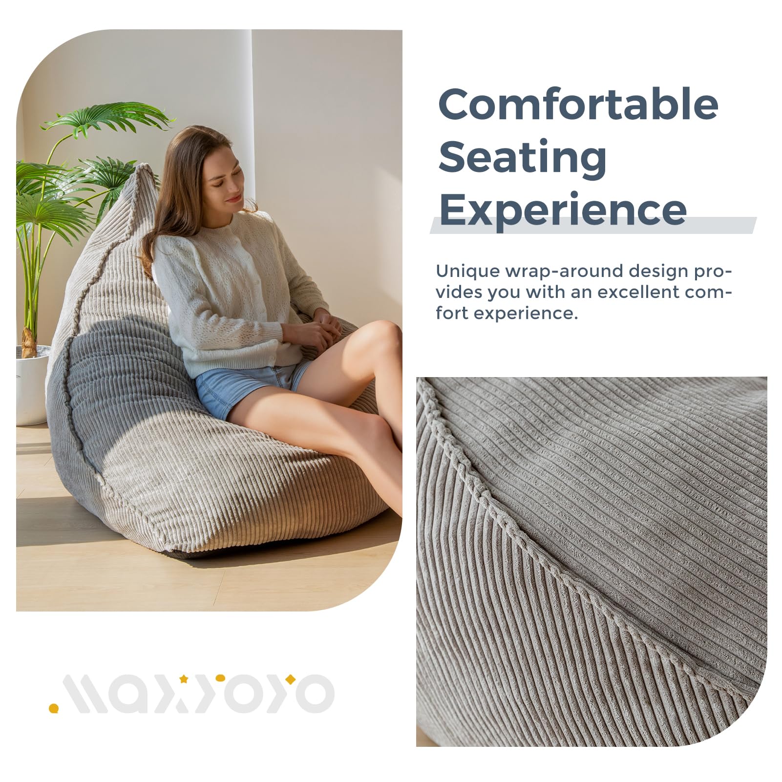 MAXYOYO Corduroy Bean Bag Chair for Adults - Soft Lazy Sofa 43x41x35 Inches with Filler - Grey Comfortable Lounge Chair for Living Room, Bedroom & Game Room
