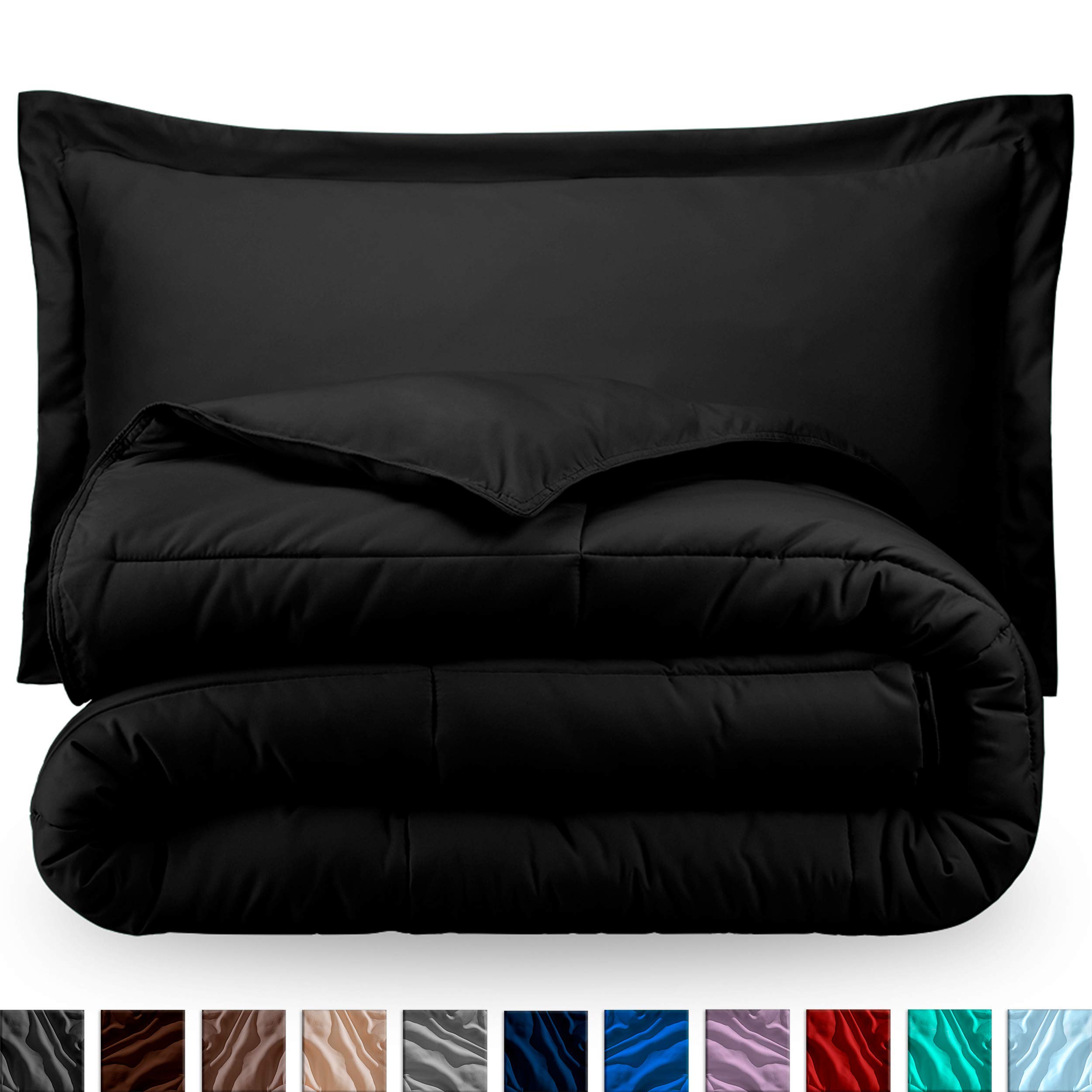 Premium 1800 Series Ultra-Soft All Season Down Alternative Comforter Set - Box Stitched Bedding for Full/Queen Size - Breathable & Hypoallergenic - Perfect for Home, Hotel, or Dorm Room - Black