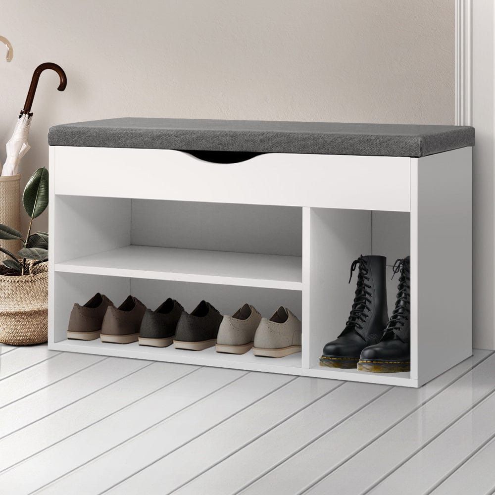 White Shoe Cabinet Bench with Storage Shelf - Shoe Organizer Rack for Entryway, Hallway & Closet - Space Saving Shoe Storage Cupboard Box