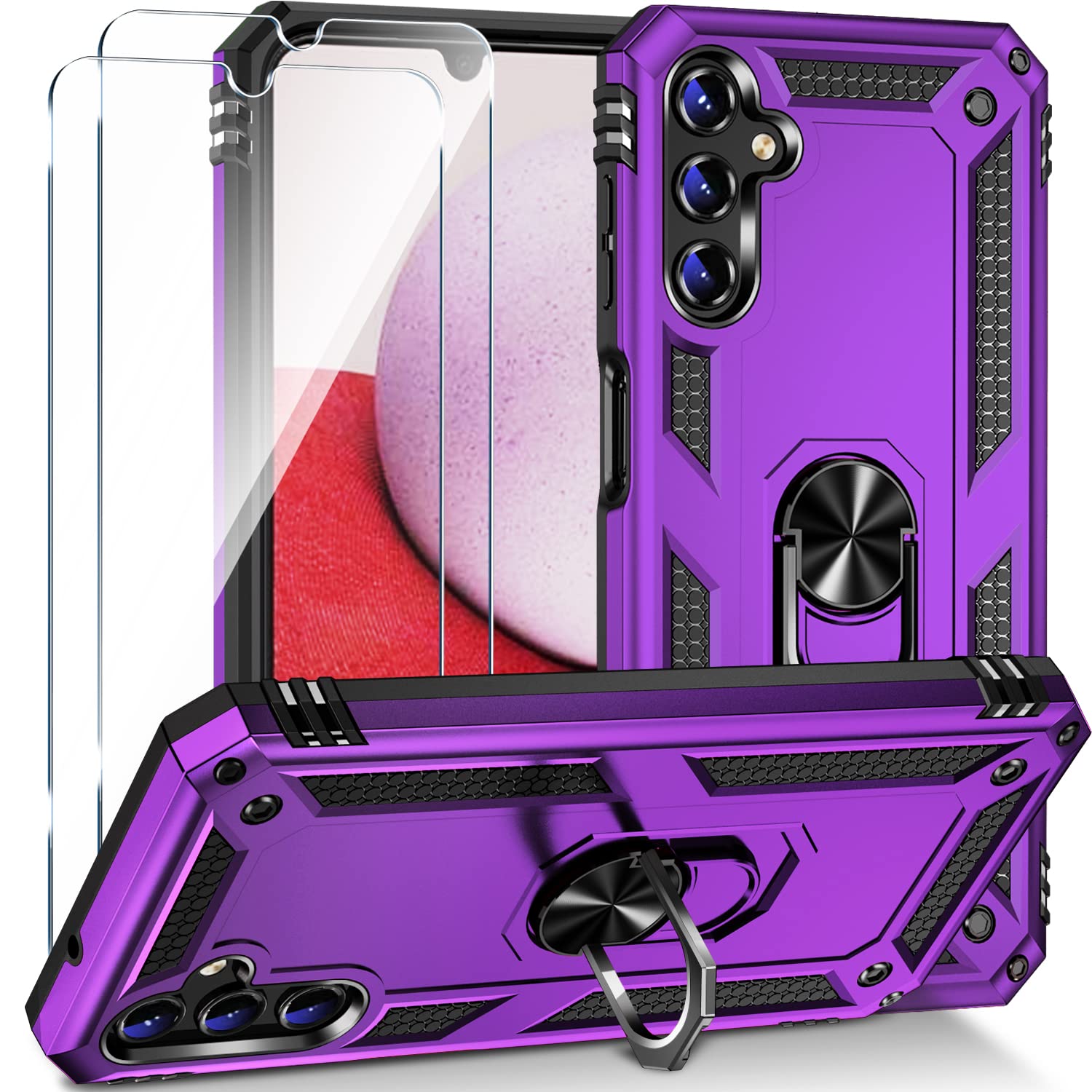 Samsung Galaxy A14 5G Case with Screen Protector (2 Pack) - Military Grade Shockproof Phone Cover, Magnetic Ring Kickstand, 16ft Drop Tested - Purple | Perfect for Outdoor Activities, Travel & Daily Protection