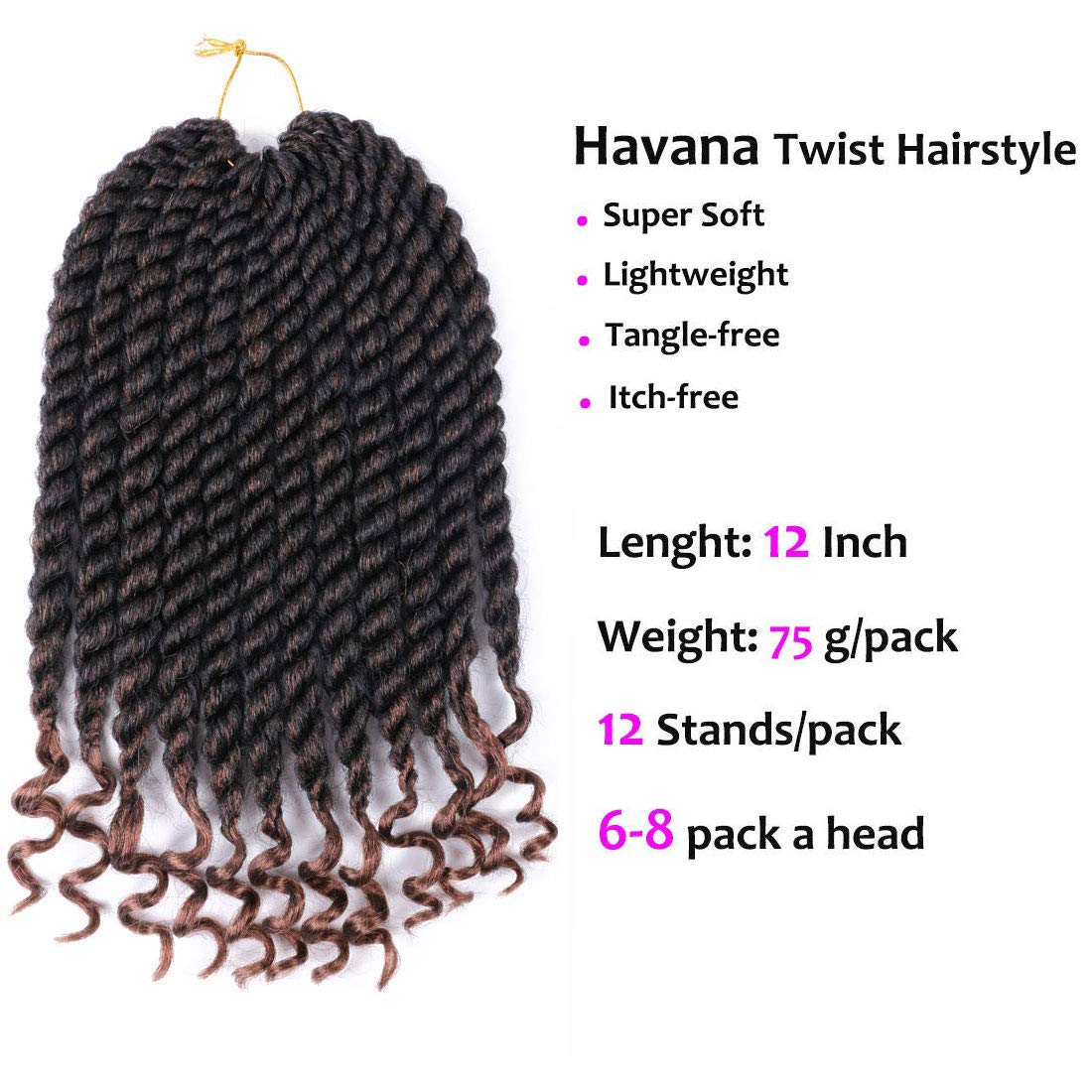 6 Pack Havana Twist Crochet Hair 12 Inch - Senegalese Twist Crochet Braids for Black Women - T30 Jumbo Braiding Hair Extensions for Natural Protective Styles (Great for Daily Wear, Parties & Special Occasions)