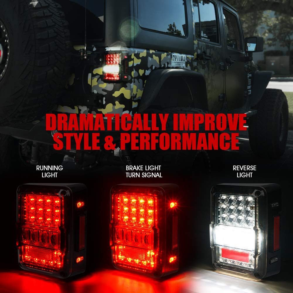 Xprite 4D Smoked LED Tail Lights for 2007-2018 Jeep Wrangler JK JKU Sahara/Rubicon/Sport - Plug & Play Rear Lights with Built-in Resistors (DOT Approved) - Parking, Brake, Turn Signal & Reverse Lights - Perfect for Off-Roading & Night Driving