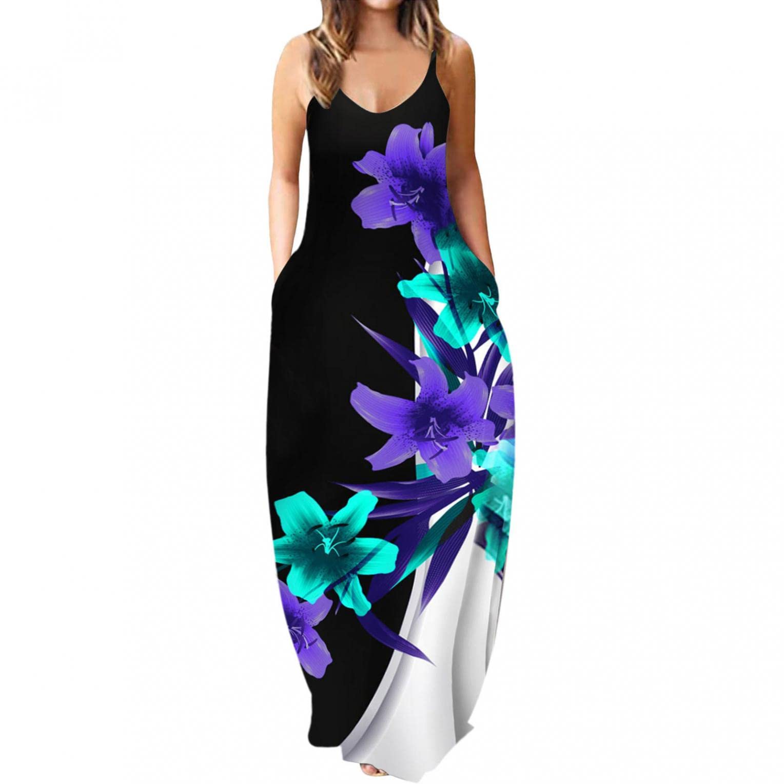 BAGELISE Women's Summer Maxi Dresses - Flowy Graphic Print Beach Dress to Hide Belly Fat | Casual Long Dress for Vacation, Poolside & Outdoor Activities
