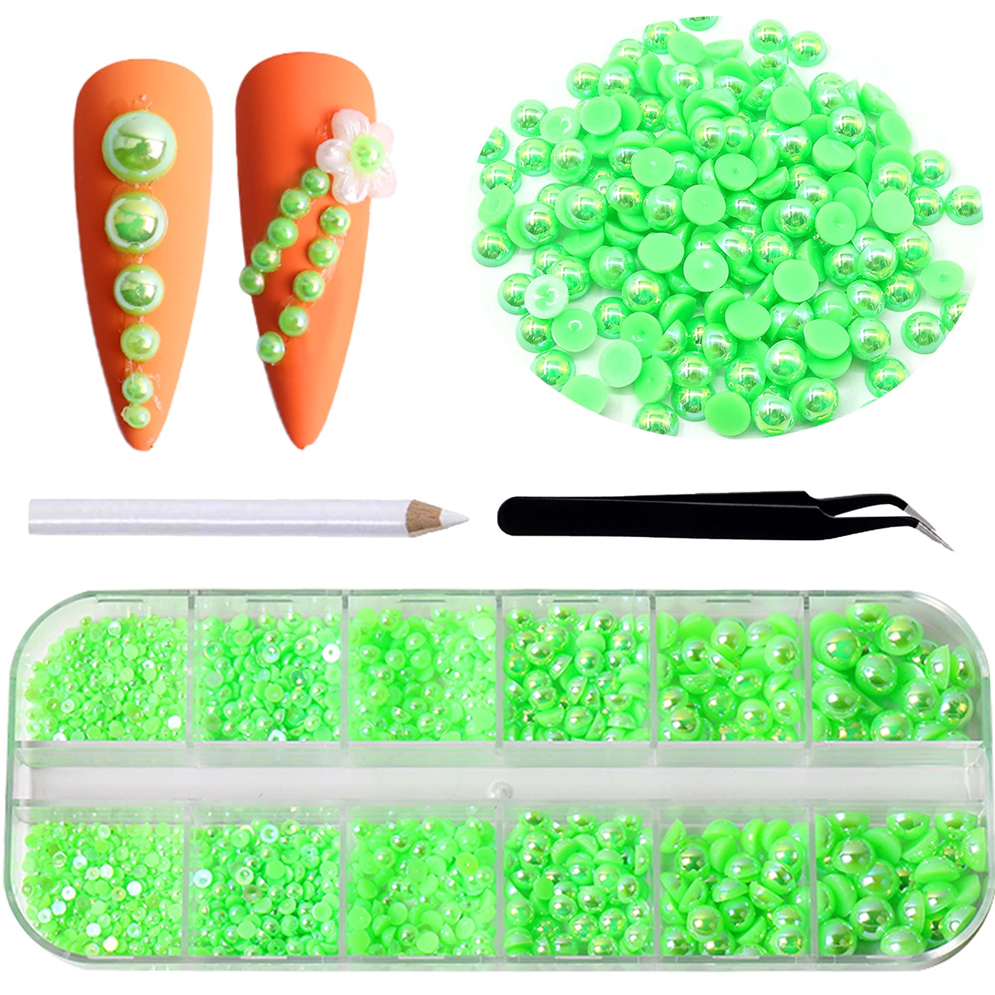2000Pcs AB Green Half Pearls for Nail Art & DIY Crafts - 6 Sizes Flatback Half Round Pearl Beads for Jewelry Making, Clothing & Shoe Decoration | Perfect for Nail Designs, DIY Projects & Fashion Accessories