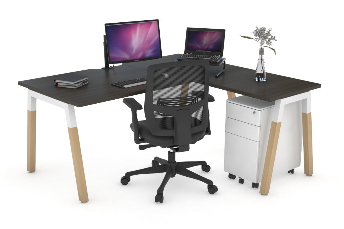 Quadro A Legs L-Shaped Corner Office Desk with Wood Legs & Cross Beam - 1600L x 1550W with Cable Management - Perfect for Home Office, Gaming Setup & Workspace Organization