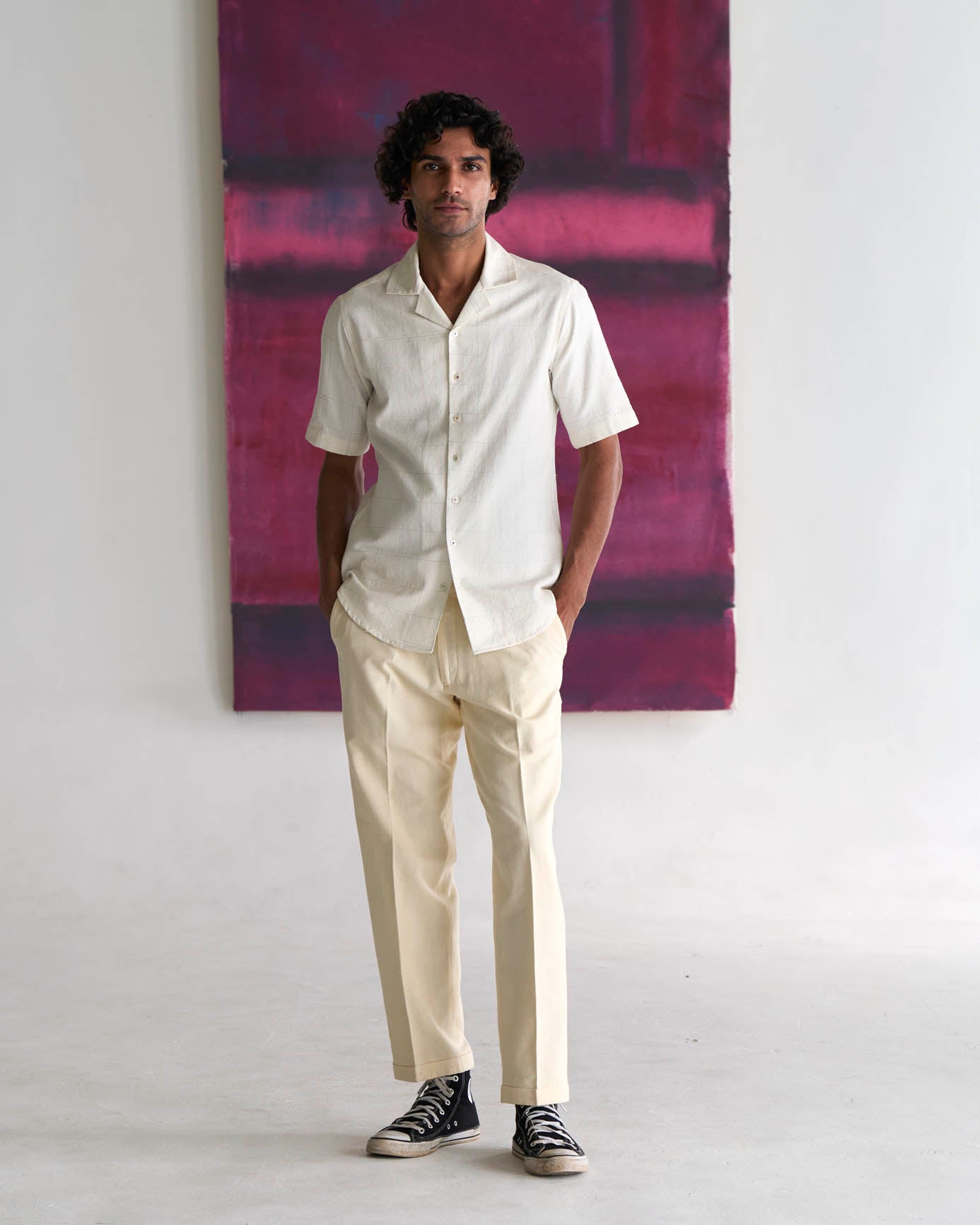 Men's Cotton Linen Bush Shirt - Classic White Checkered Button Down for Outdoor Adventure & Casual Wear