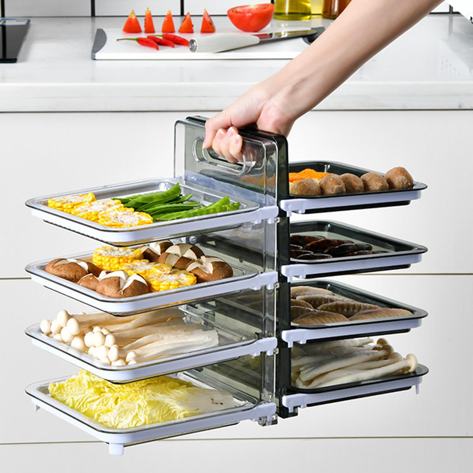 4-Tier Wall Mounted Food Sorting Tray - Vegetable & Fruit Prep Plate, Side Dish Organizer for Kitchen, Restaurant, Hotpot - Stackable Storage Rack (White) - Perfect for Meal Prep, Party Serving & Small Space Organization