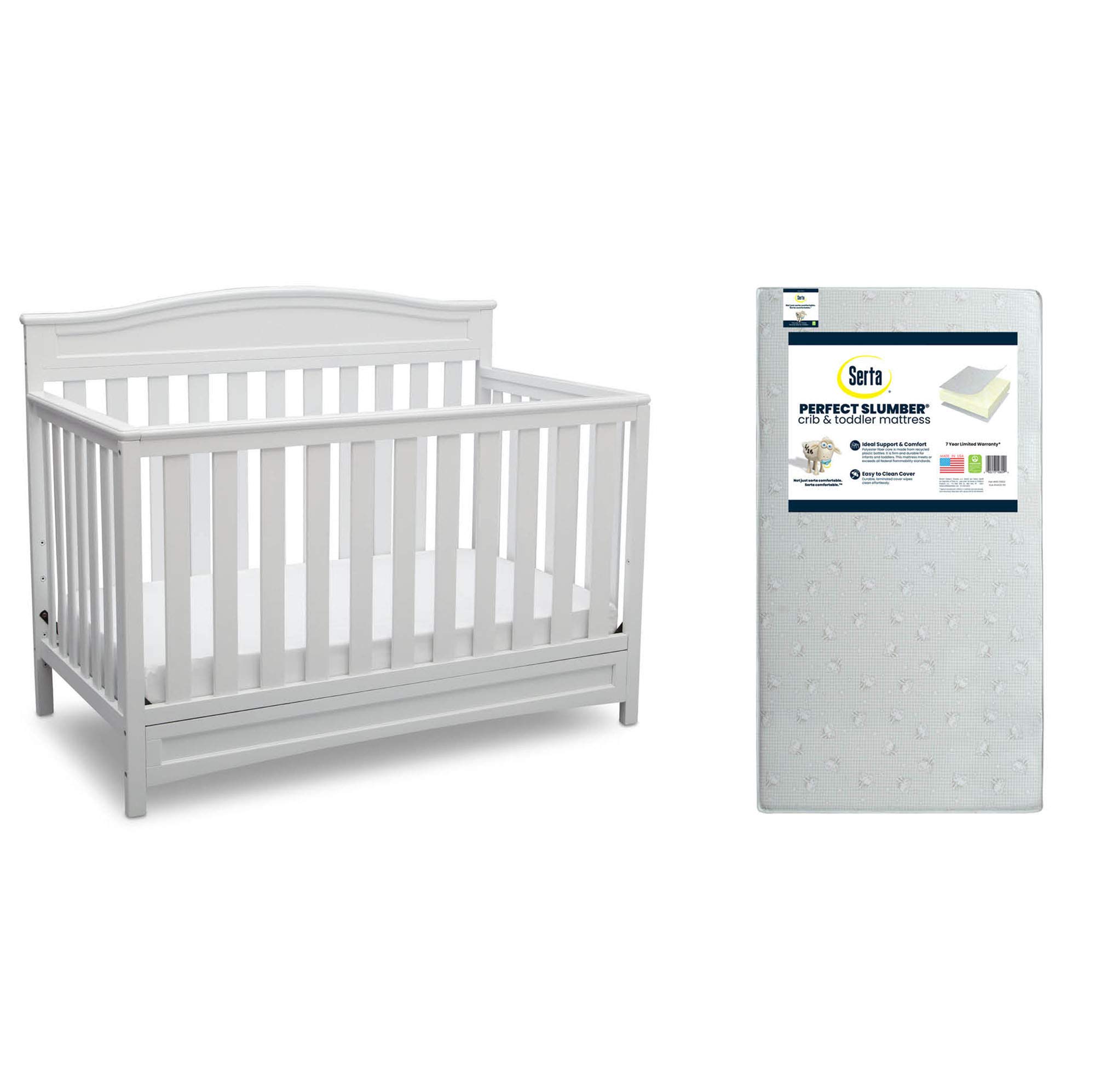 Delta Children Emery 4-in-1 Convertible Crib in White with Serta Perfect Slumber Dual-Sided Eco-Friendly Crib Mattress - Nursery Furniture Set for Baby & Toddler | Safe Sleep Solution for Newborns to Big Kids