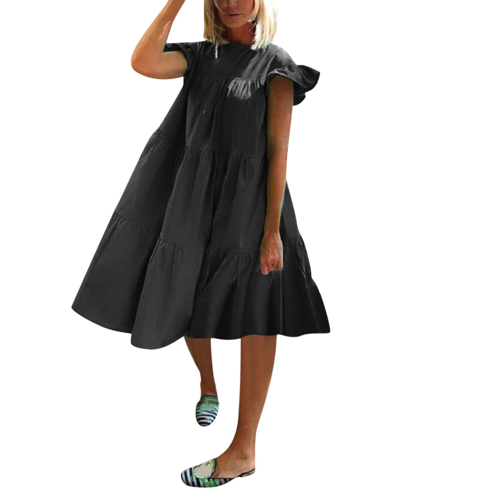 Women's Summer Casual Dress - Short Sleeve Elegant Round Neck Solid Color Sundress for Beach, Vacation & Daily Wear | Lightweight Flowy Dress for Women