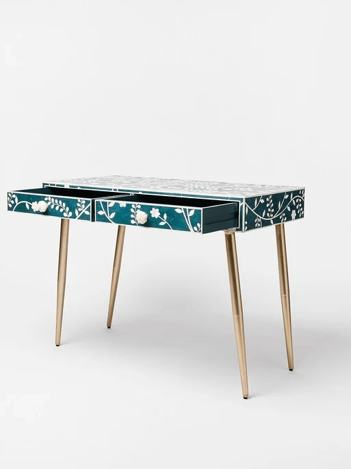 Handmade Blue Floral Inlay Wooden Desk & Vanity Dressing Table - Elegant Home Office Furniture & Bedroom Decor for Women