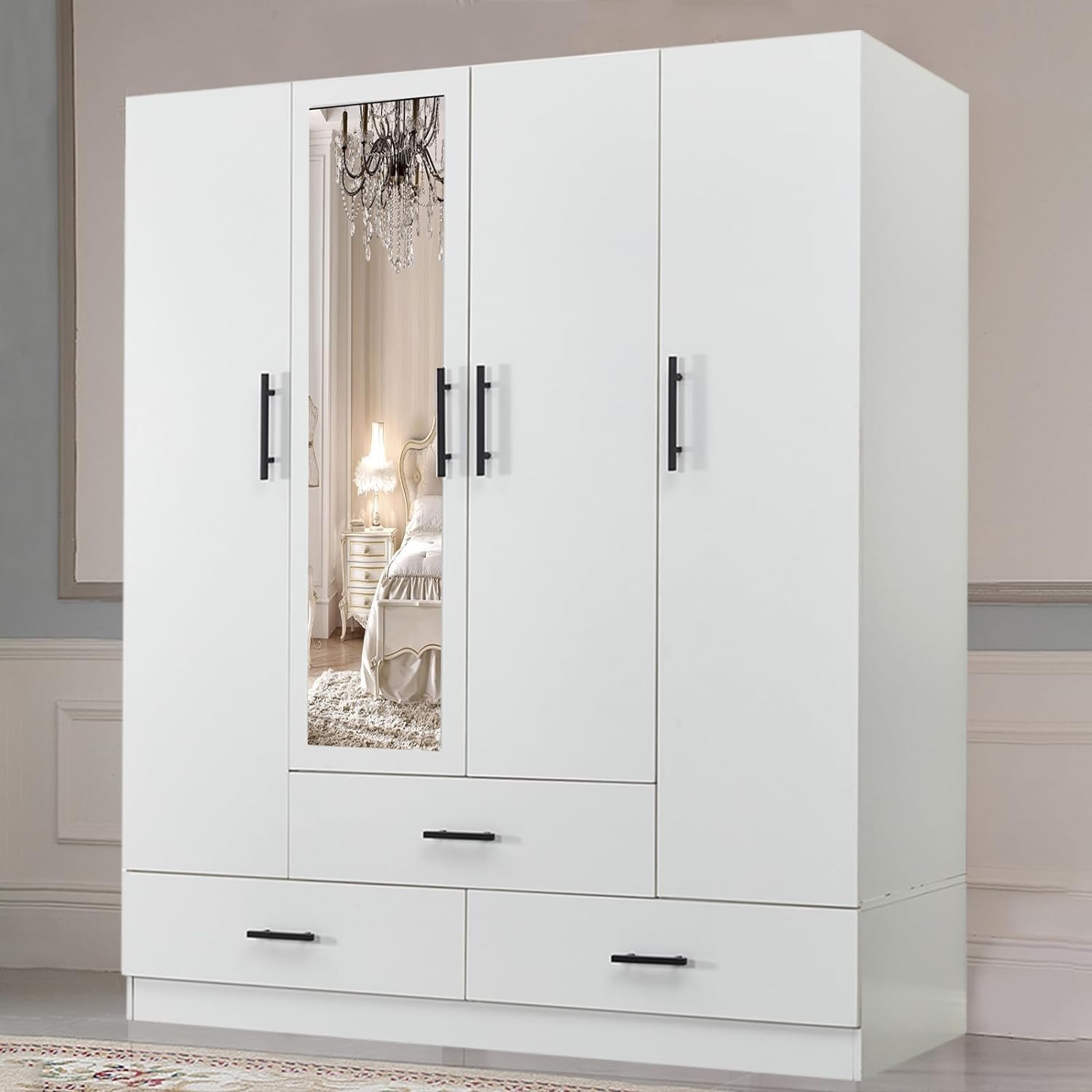 White 4-Door Wardrobe Closet with Mirror & 3 Drawers - Wooden Armoire Storage Cabinet for Bedroom Organization | Perfect for Master Bedroom, Guest Room, and Apartment Storage Solutions